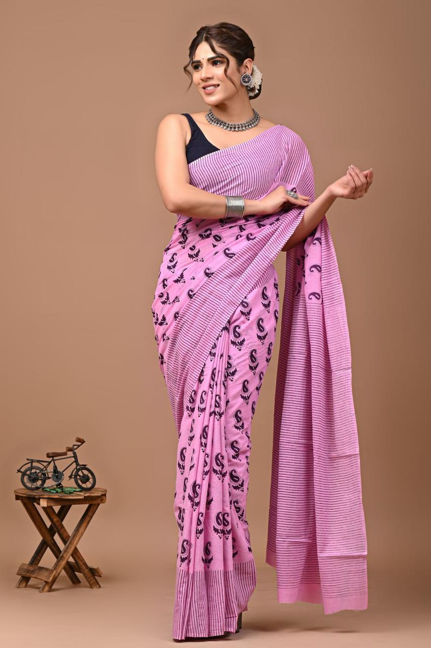 Pure Mulmul Cotton hand block Print Saree with Blouse