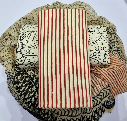 Pure cotton hand-block print suit with Chiffon dupatta