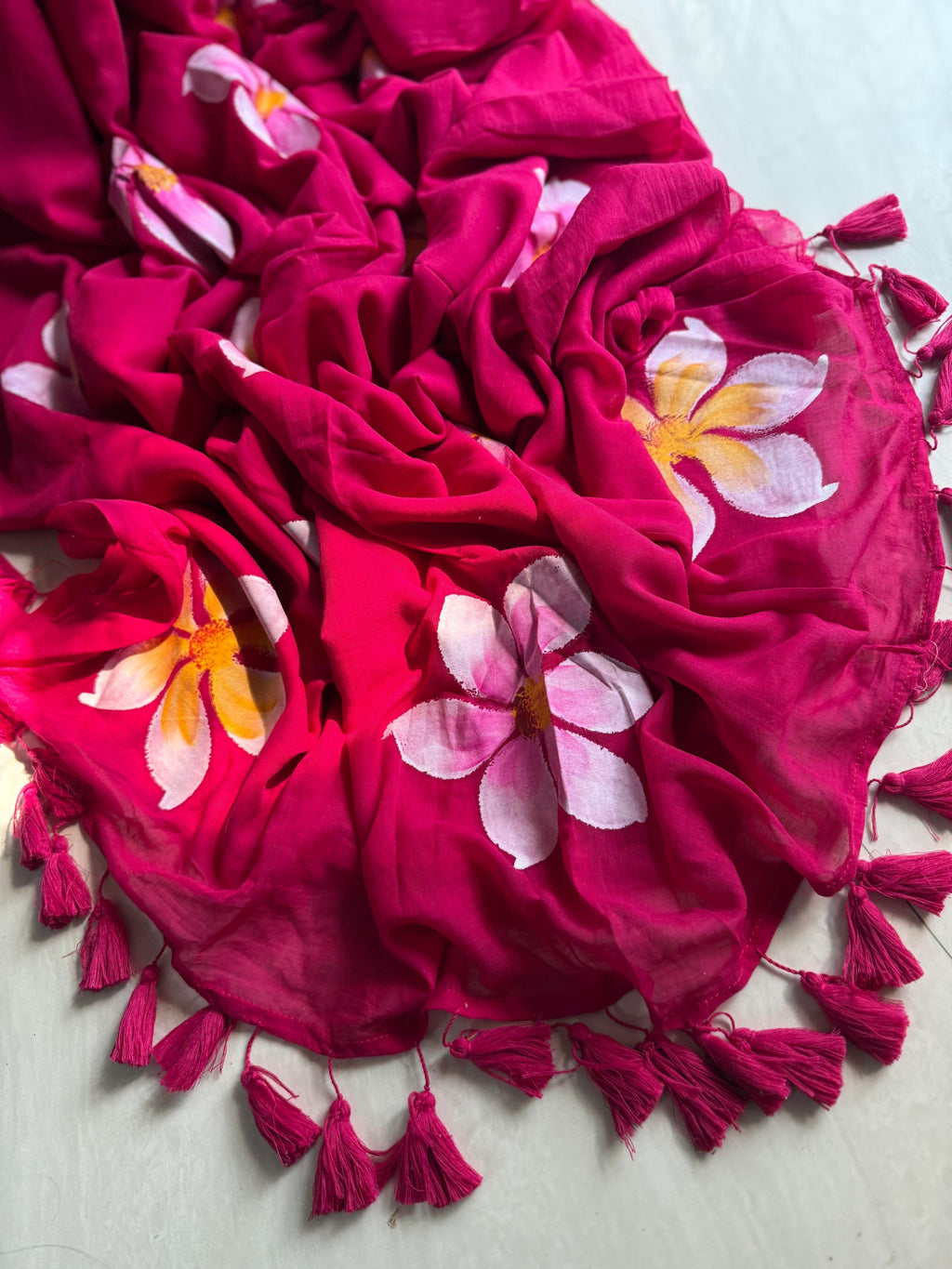Beautiful Mulmul   Cotton Flowers design Hand Painted Saree