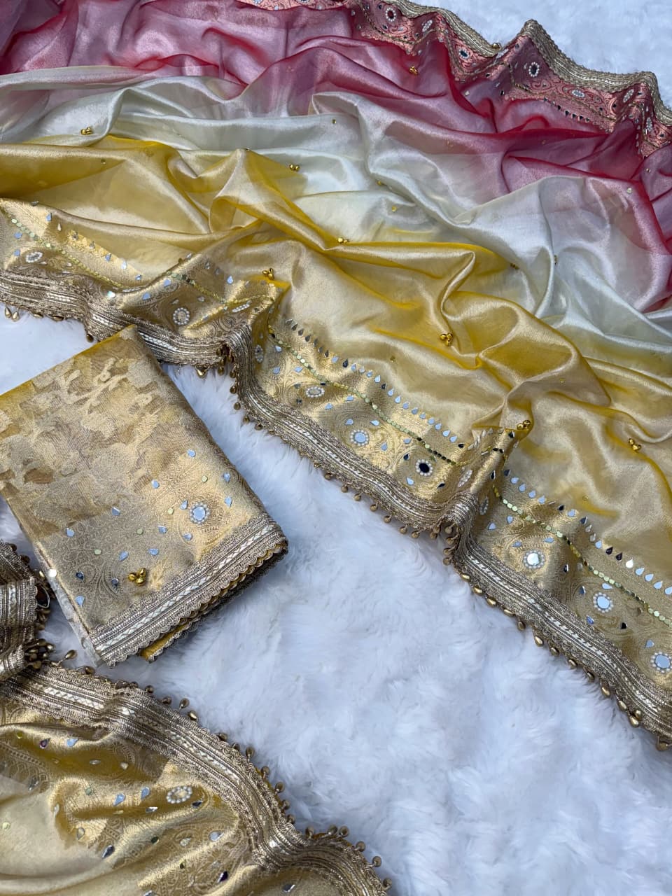 Premium Banarasi Tissue Zari Weaving Saree with Ghungroo Handwork Border