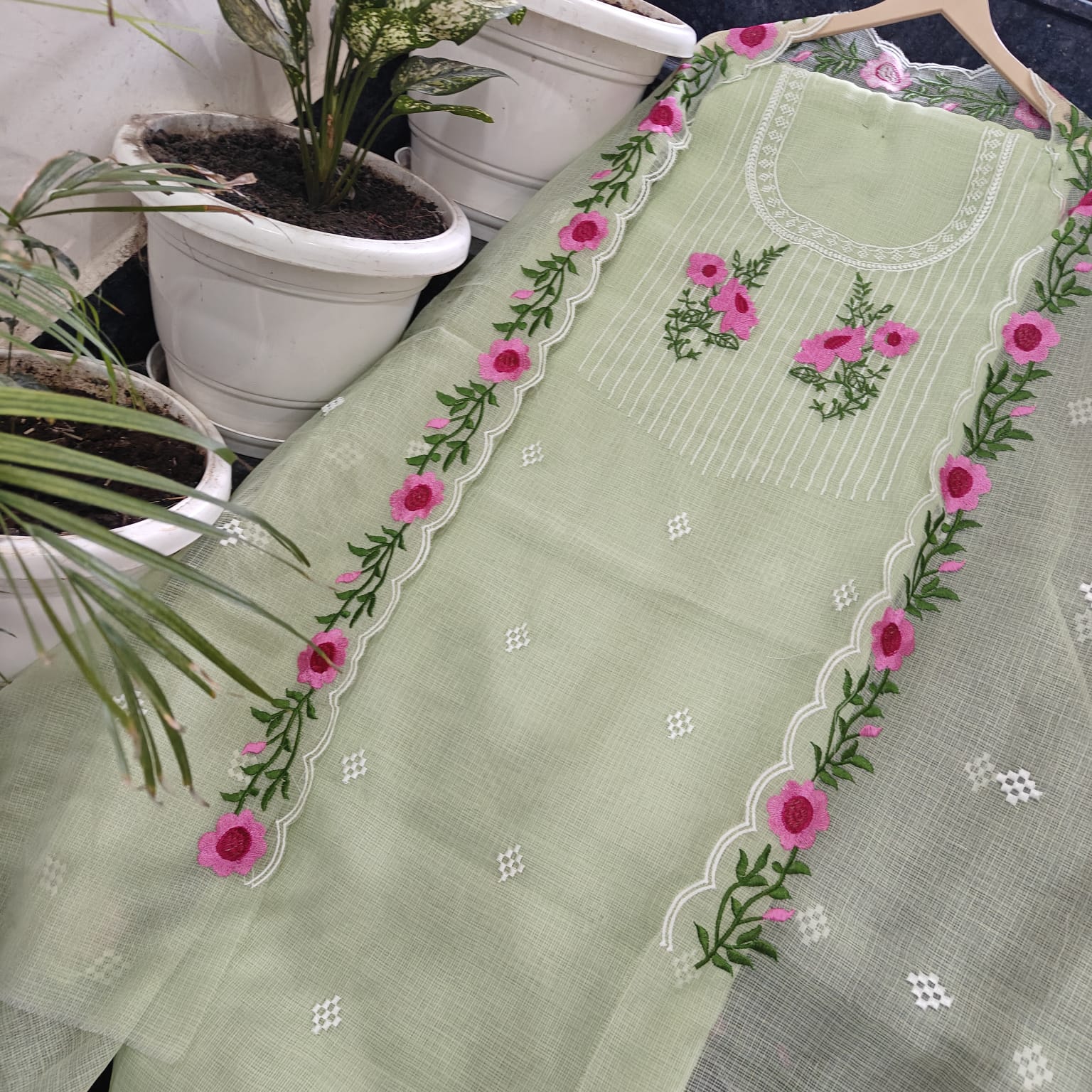 Pure Kota-Doria Unstitched Suit with Embroidery Work