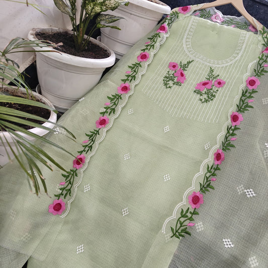 Pure Kota-Doria Unstitched Suit with Embroidery Work