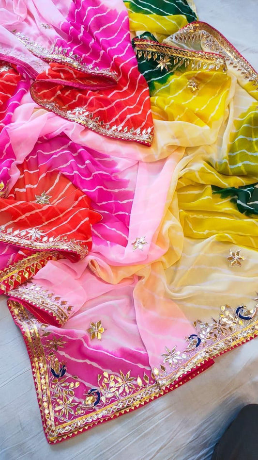 60Gm Georgette  Leheriya Gota Patti Work  Saree With Blouse