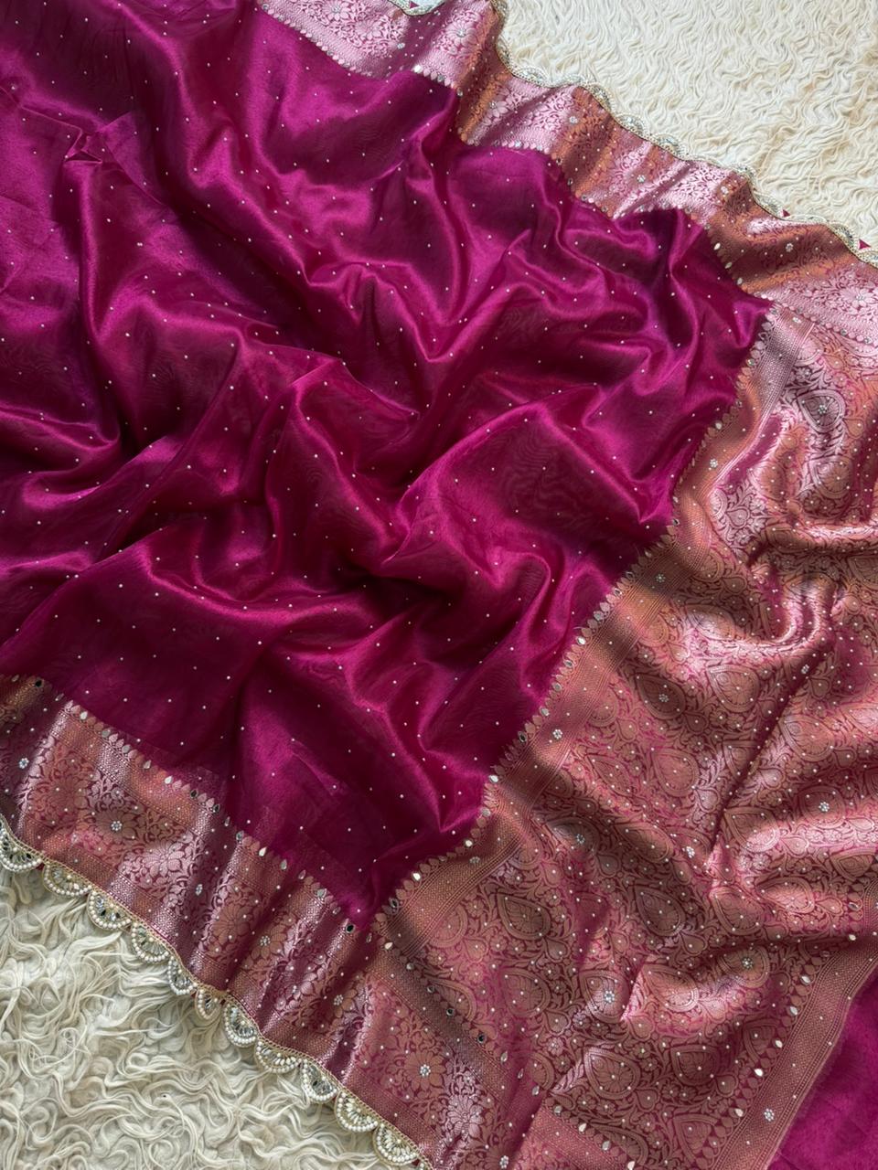 Banarasi Tissue Silk Saree With beautiful borders with beads work