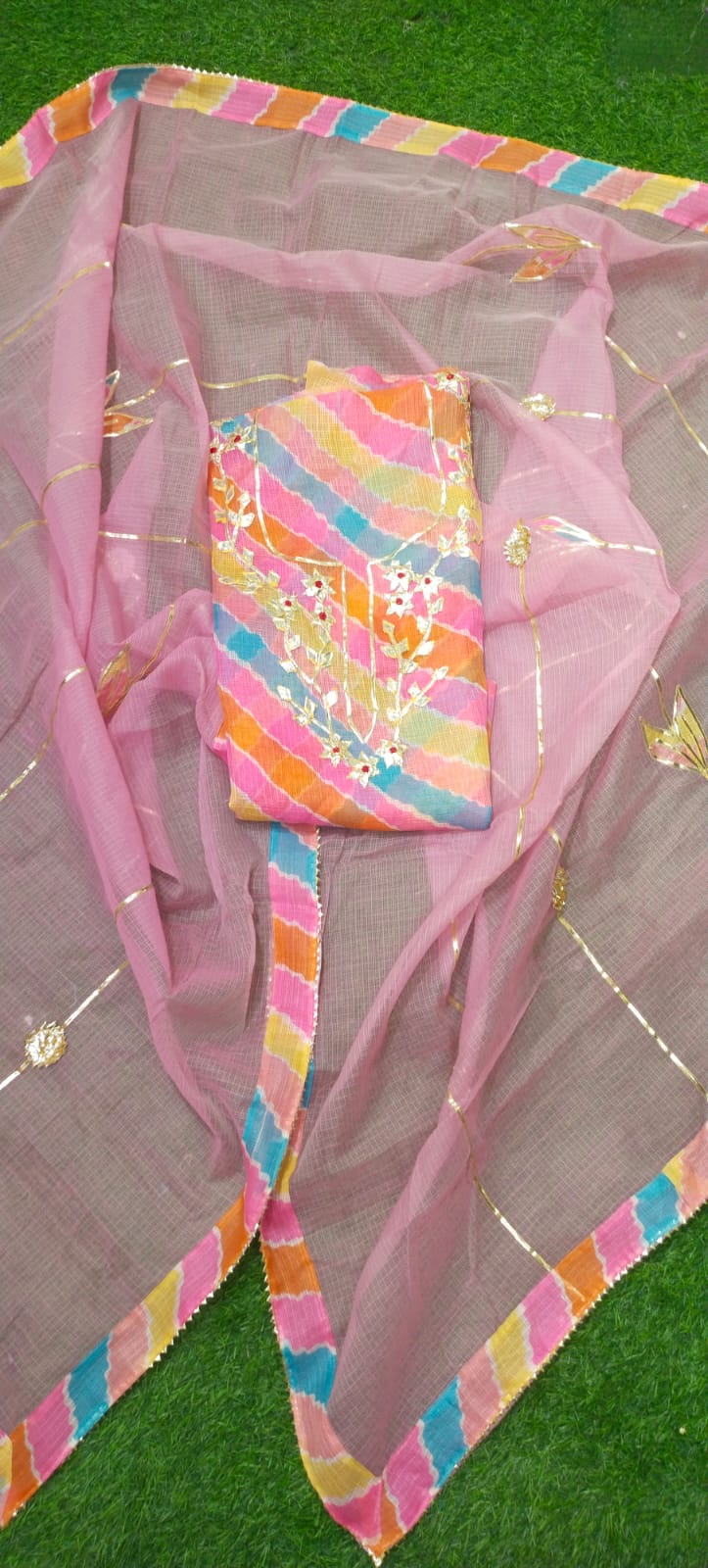 Premium Kota Doria Cotton 3 Pic Unstitched Suit Material with Hand Gota Work & Dupatta