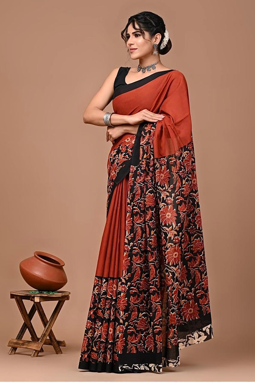Pure Mulmul Cotton hand block Print Saree with Blouse