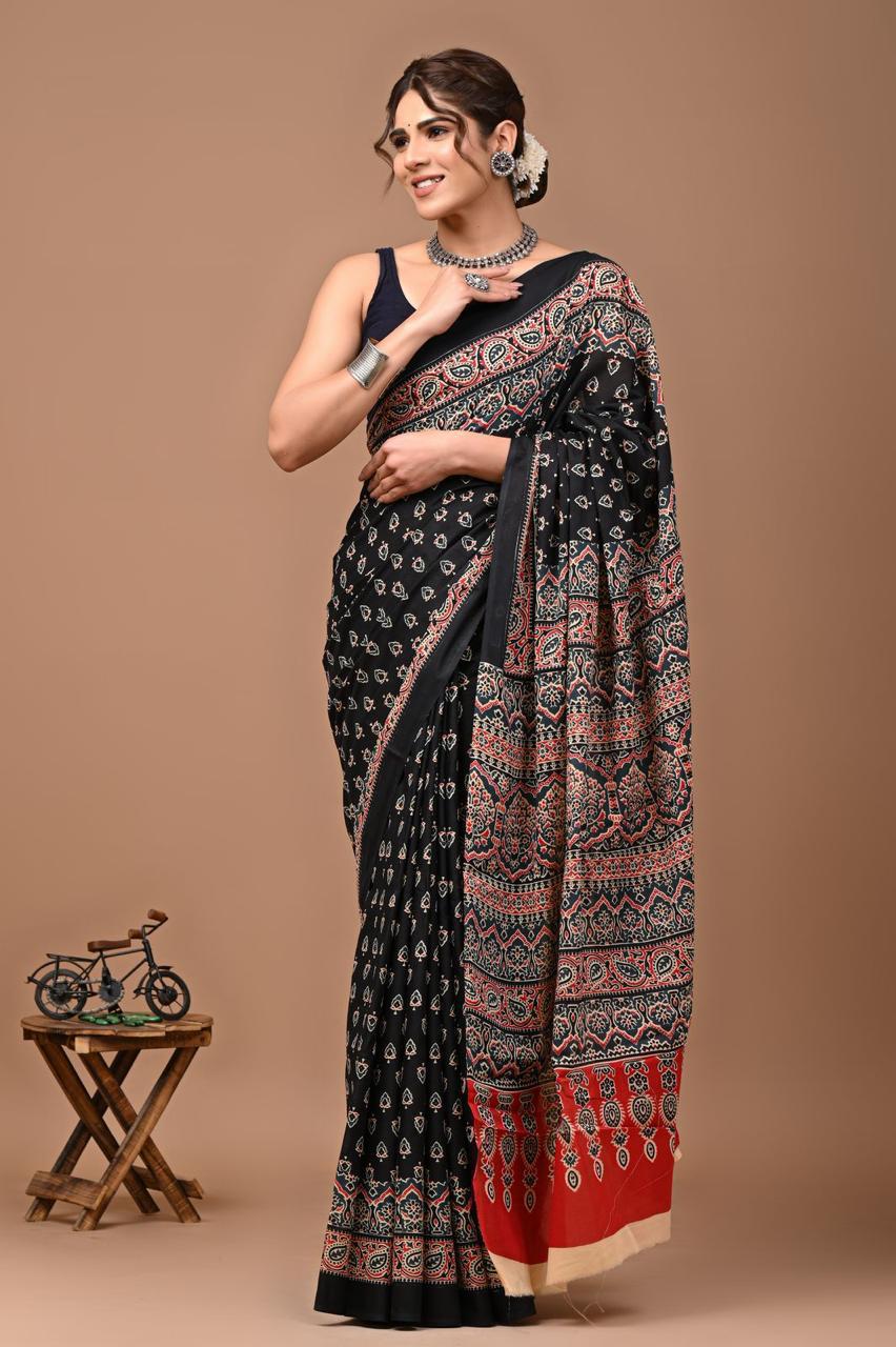Pure Mulmul Cotton hand block Print Saree with Blouse