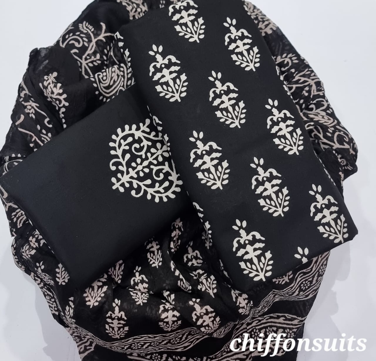 Pure cotton hand-block print suit with Chiffon dupatta