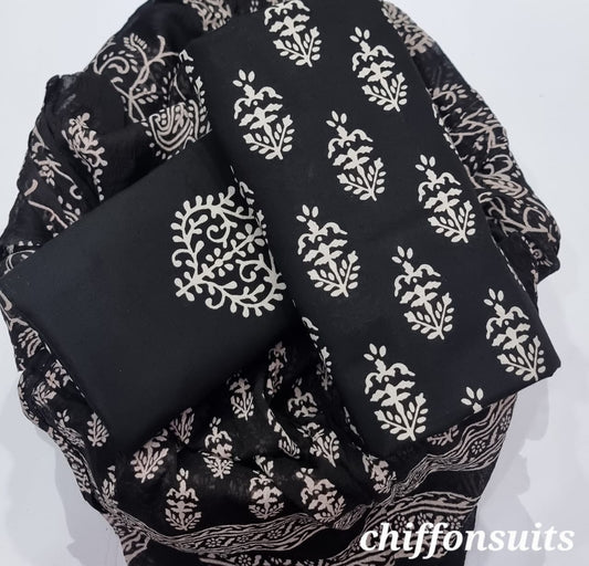 Pure cotton hand-block print suit with Chiffon dupatta