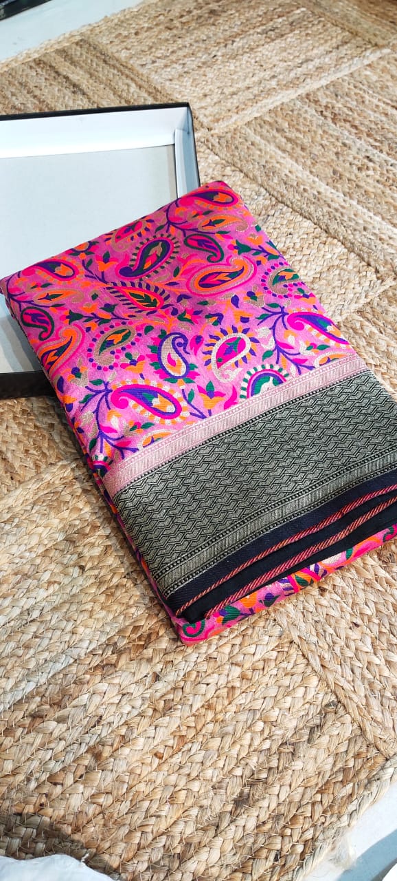 Pink color Banarasi Handloom Silk Multi Meena Zari Work Saree