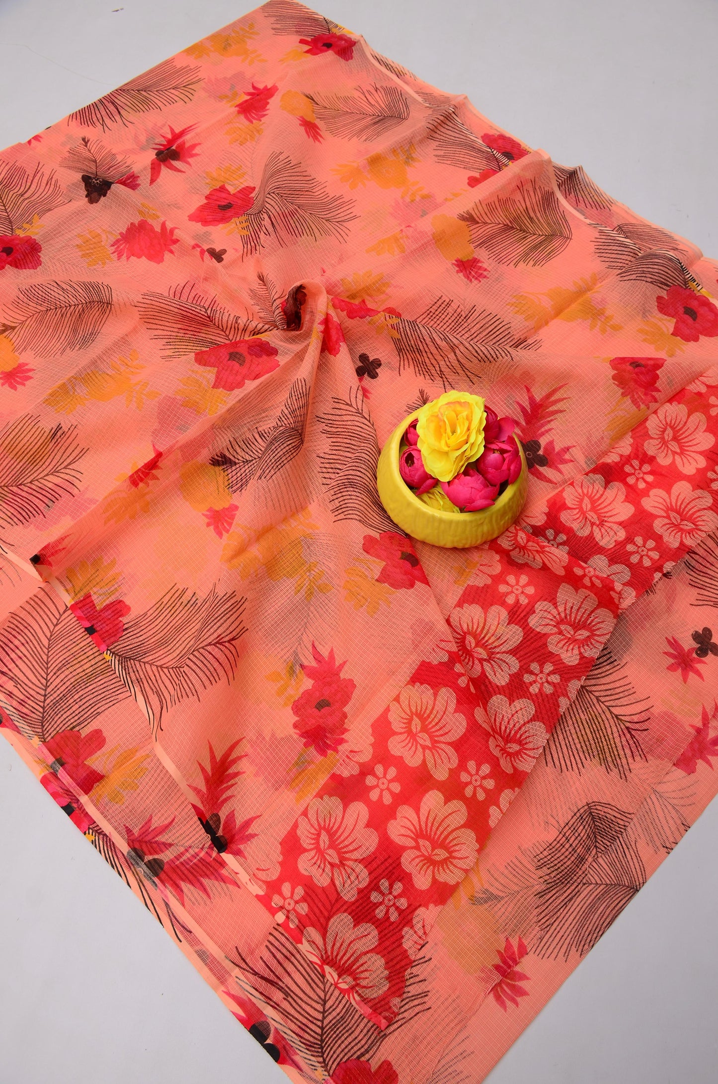 Pure Cotton Kota Doria Kalam Kari Floral Print Sarees