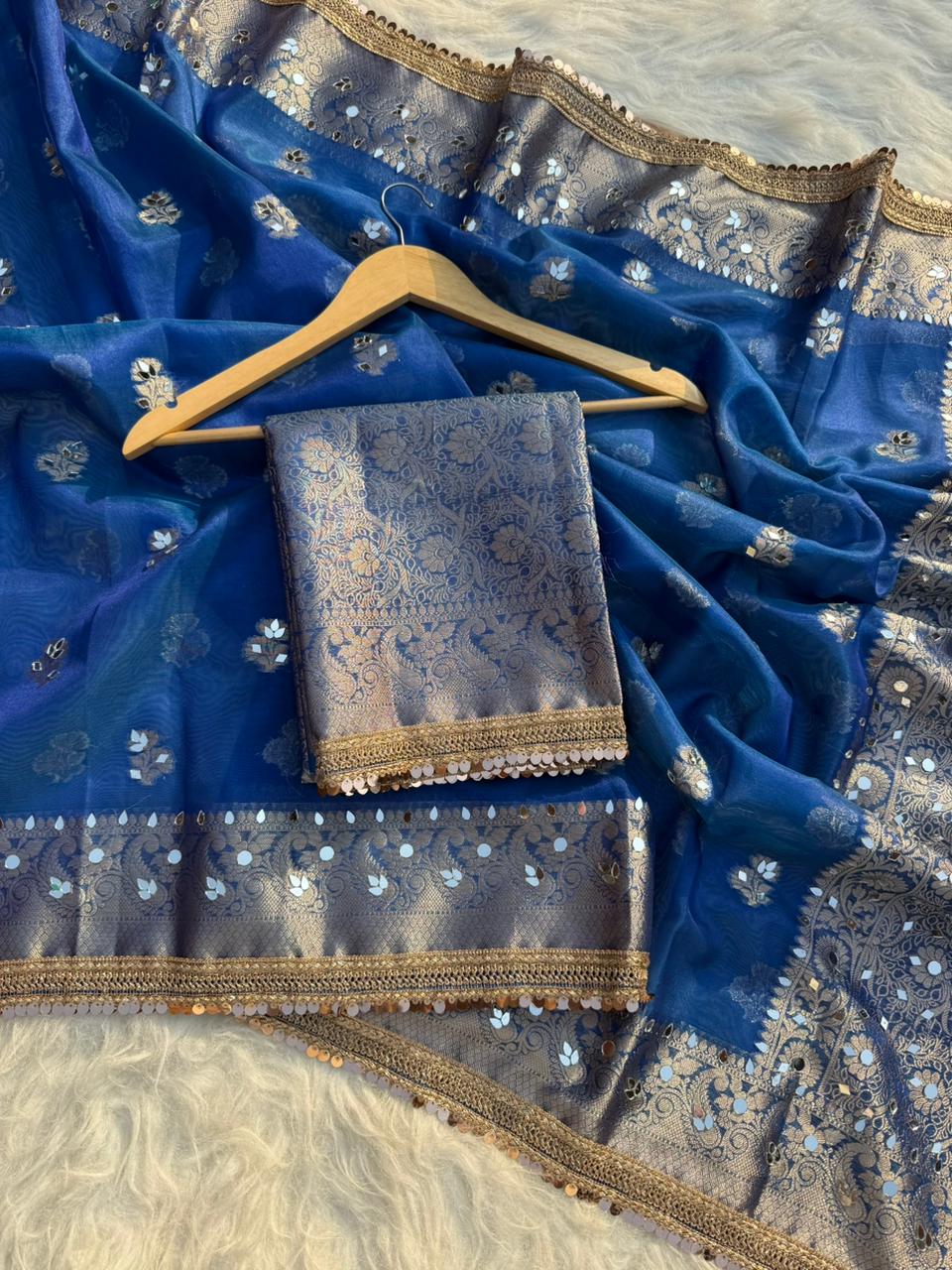 Elegant Tissue Mirror Work Saree with Designer Lace Border
