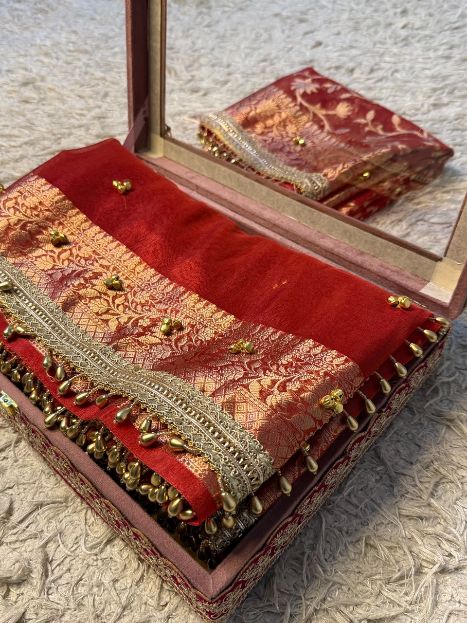 Premium Banarasi Tissue Zari Weaving Saree with Ghungroo Handwork Border