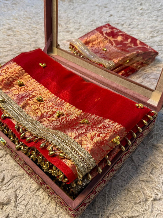 Premium Banarasi Tissue Zari Weaving Saree with Ghungroo Handwork Border