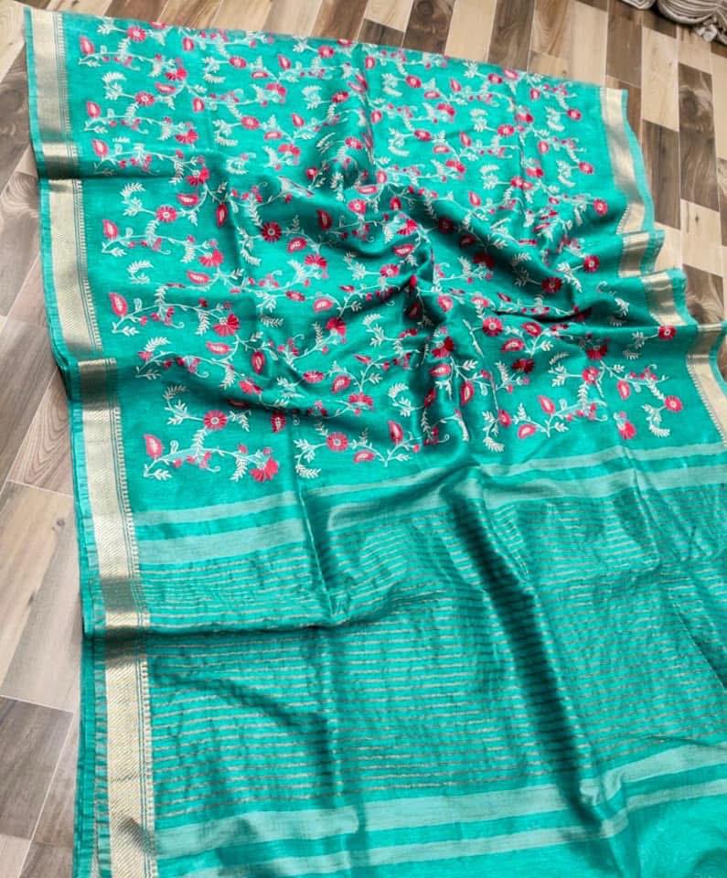 Pure Linen Silk Hand Embroidery Work Saree With Blouse