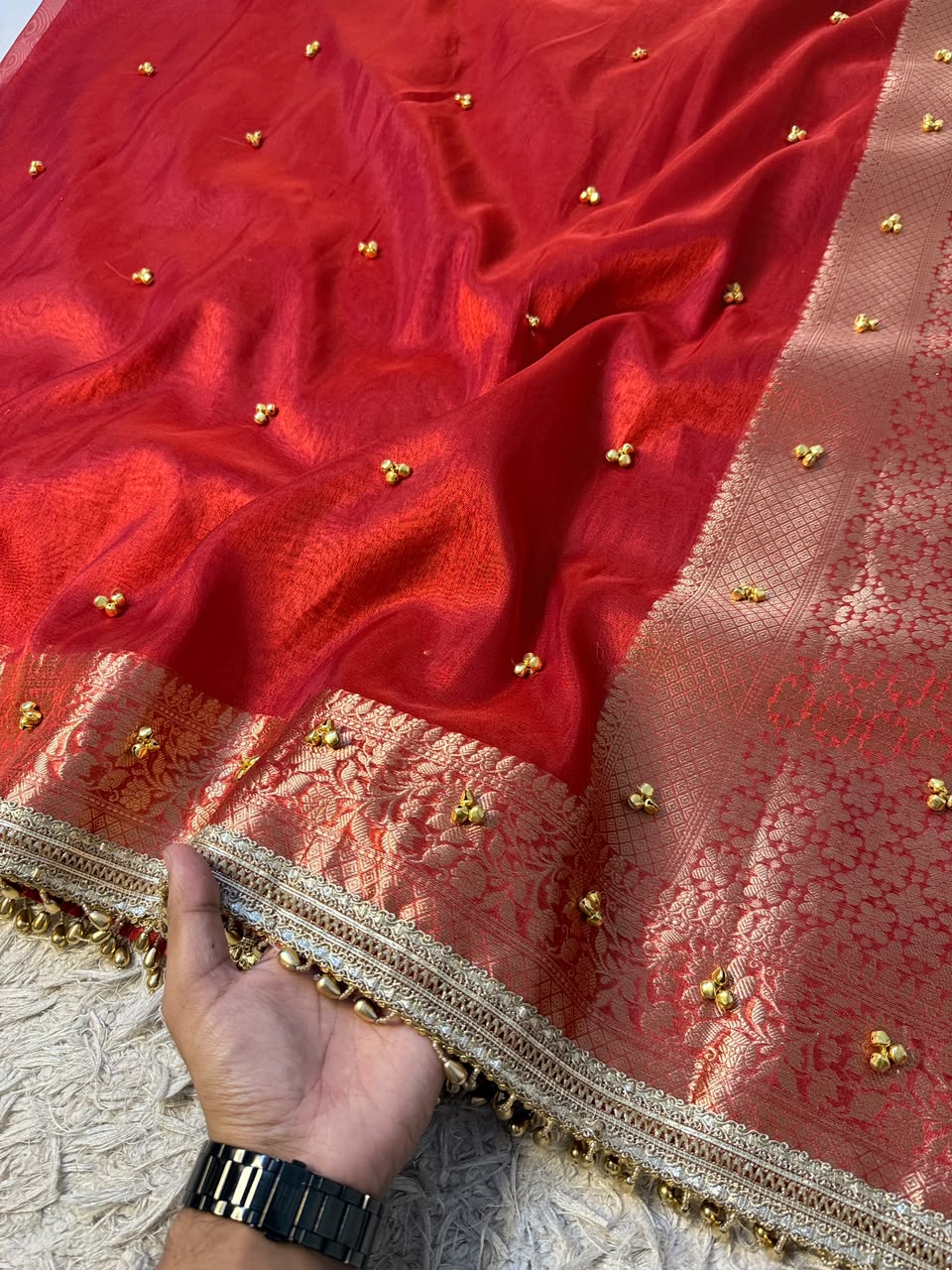 Premium Banarasi Tissue Zari Weaving Saree with Ghungroo Handwork Border