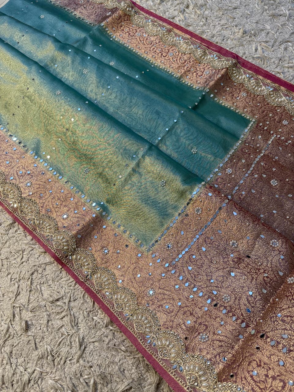 Elegant Tissue Mirror Work Saree with Designer Lace Border
