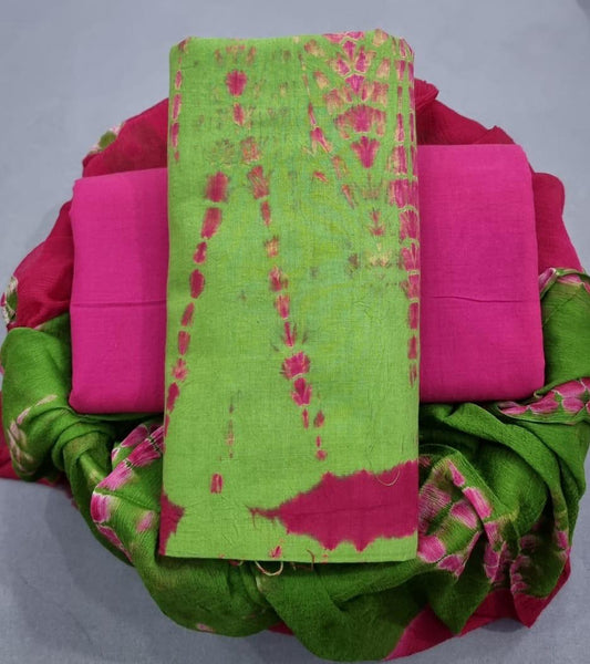 Pure Cotton Hand Block Printed Unstitched Suit With Chiffon Dupatta.