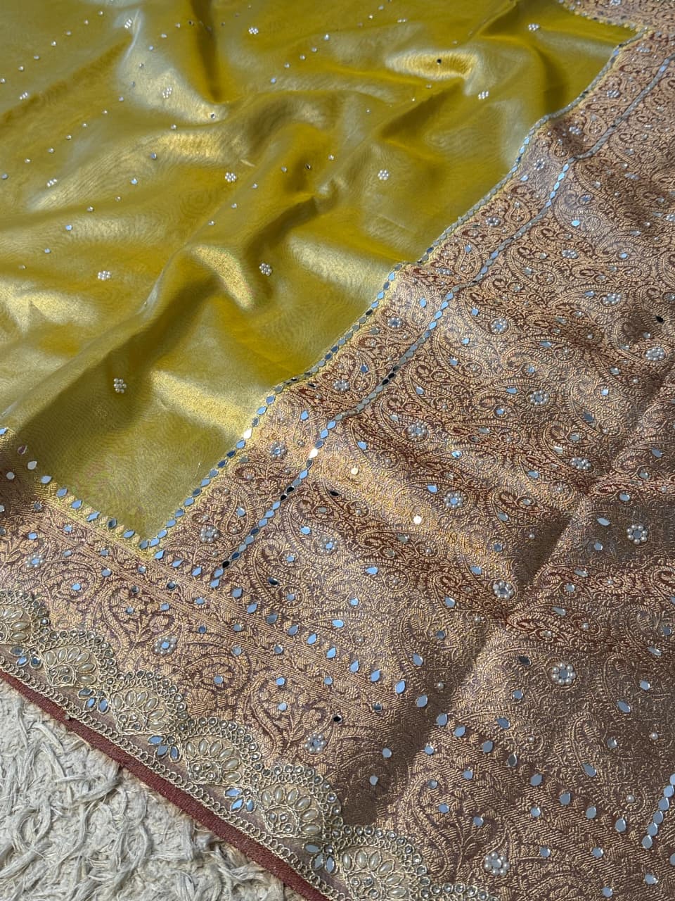Elegant Tissue Mirror Work Saree with Designer Lace Border