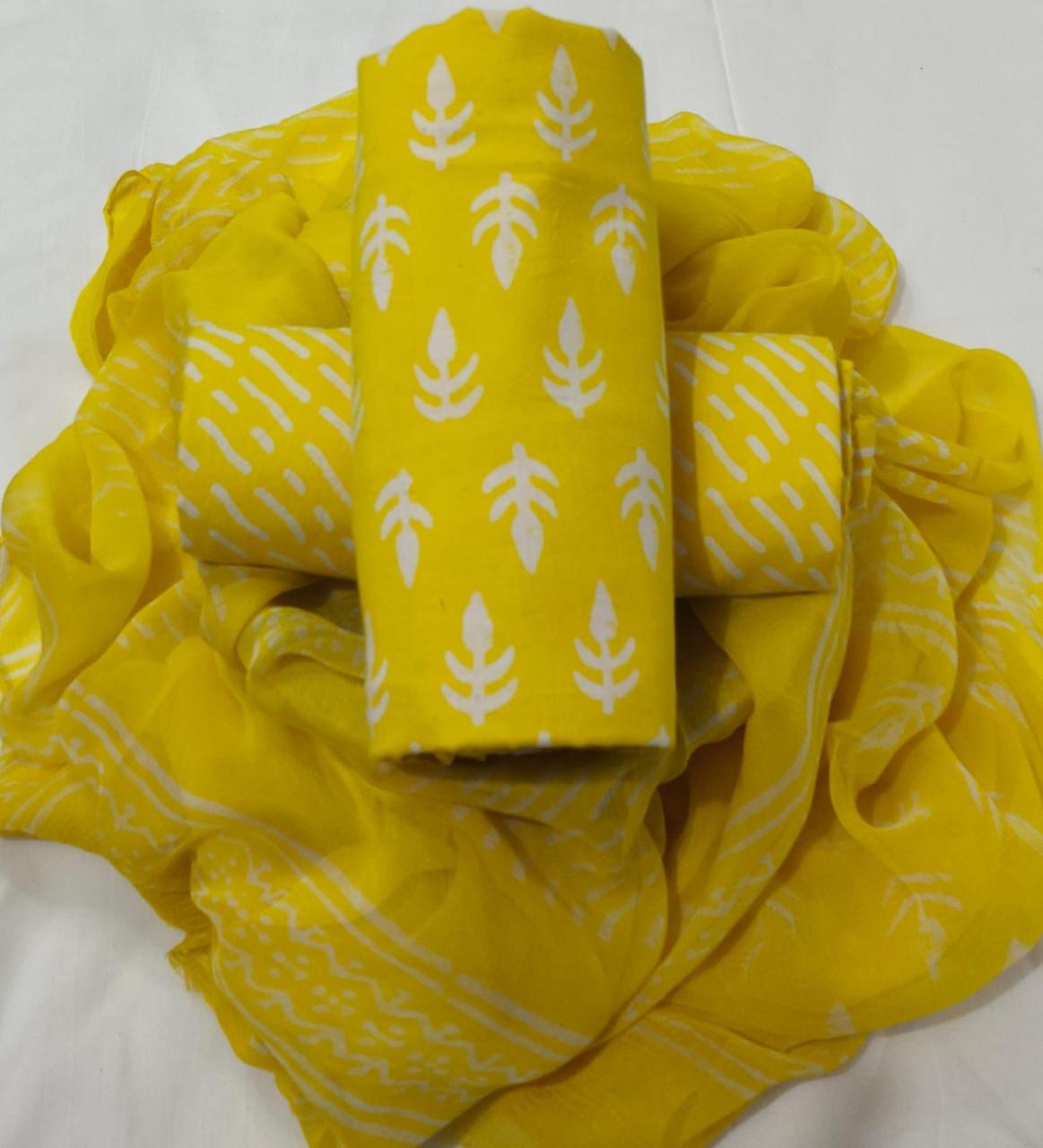Pure cotton hand-block print suit with Chiffon dupatta