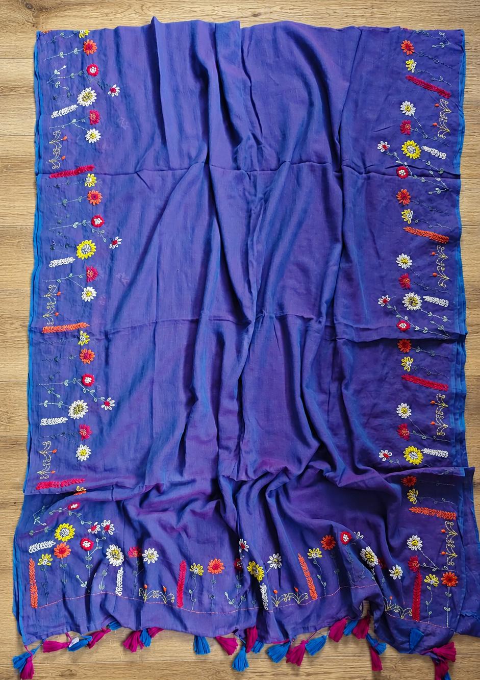 Beautiful Hand Stitch Pure Mul Cotton Saree Without blouse