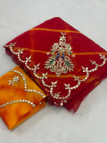 Desinger Organza  Leheriya   Pattern Gota  Patti Work Saree With Contrast Blouse