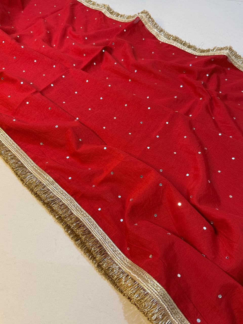 Designer Katan Cotton Banarasi Handwork Mirror and Lace Work Saree