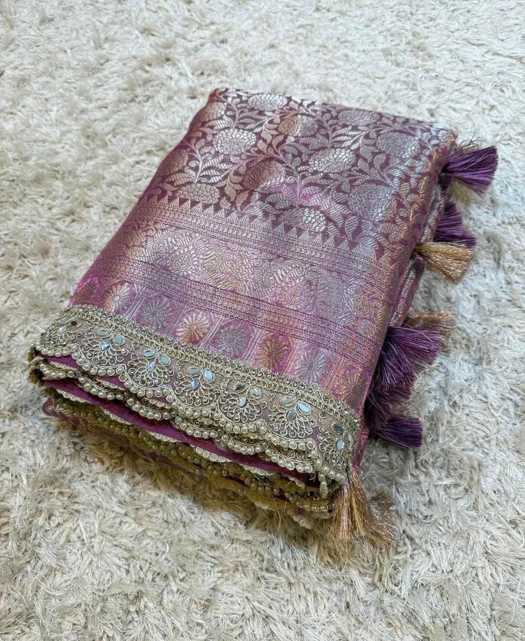 Banarasi Kanjivaram  katan Tissue Silk Saree With Beautiful lace border