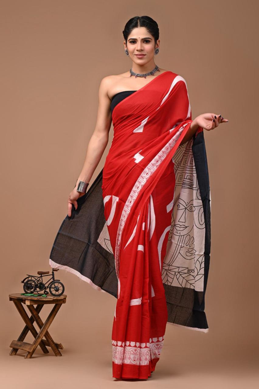 Pure Mulmul Cotton hand block Print Saree with Blouse