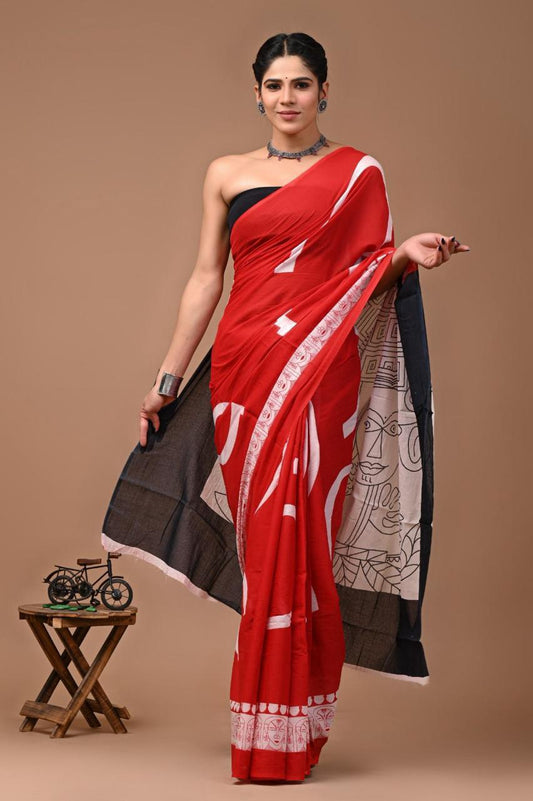 Pure Mulmul Cotton hand block Print Saree with Blouse
