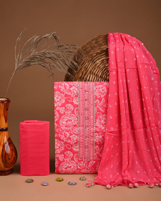 Designer gota patti hand work cotton  unstitched suit with chiffon   dupatta