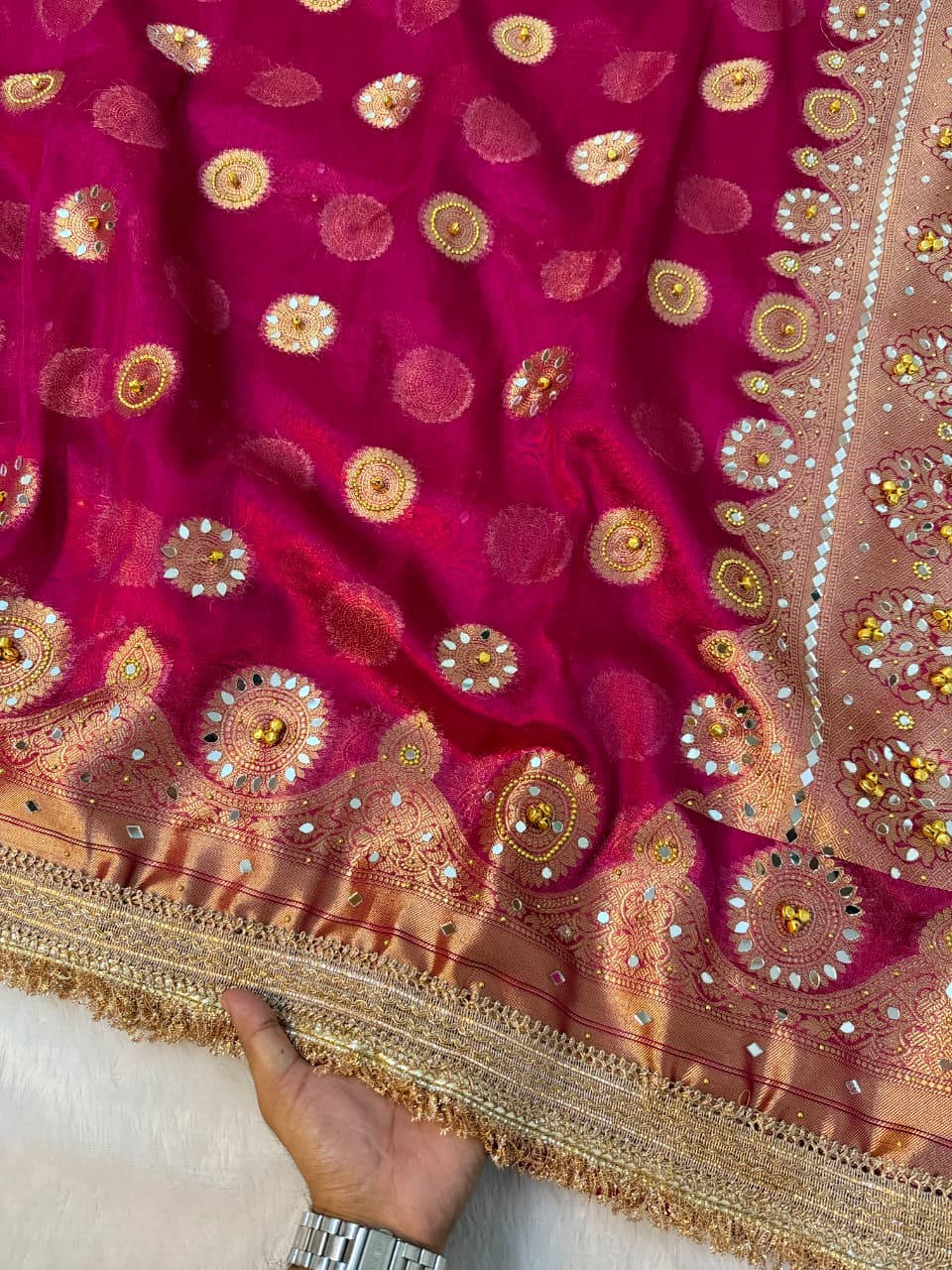 Premium Banarasi Tissue Zari Weaving Saree with Ghungroo Handwork Border