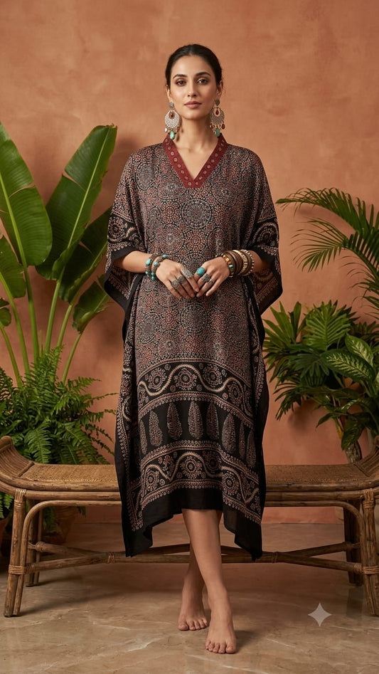 Pure Modal Silk Handblock Printed Kaftans Stitched suit With Hand Mirror Work