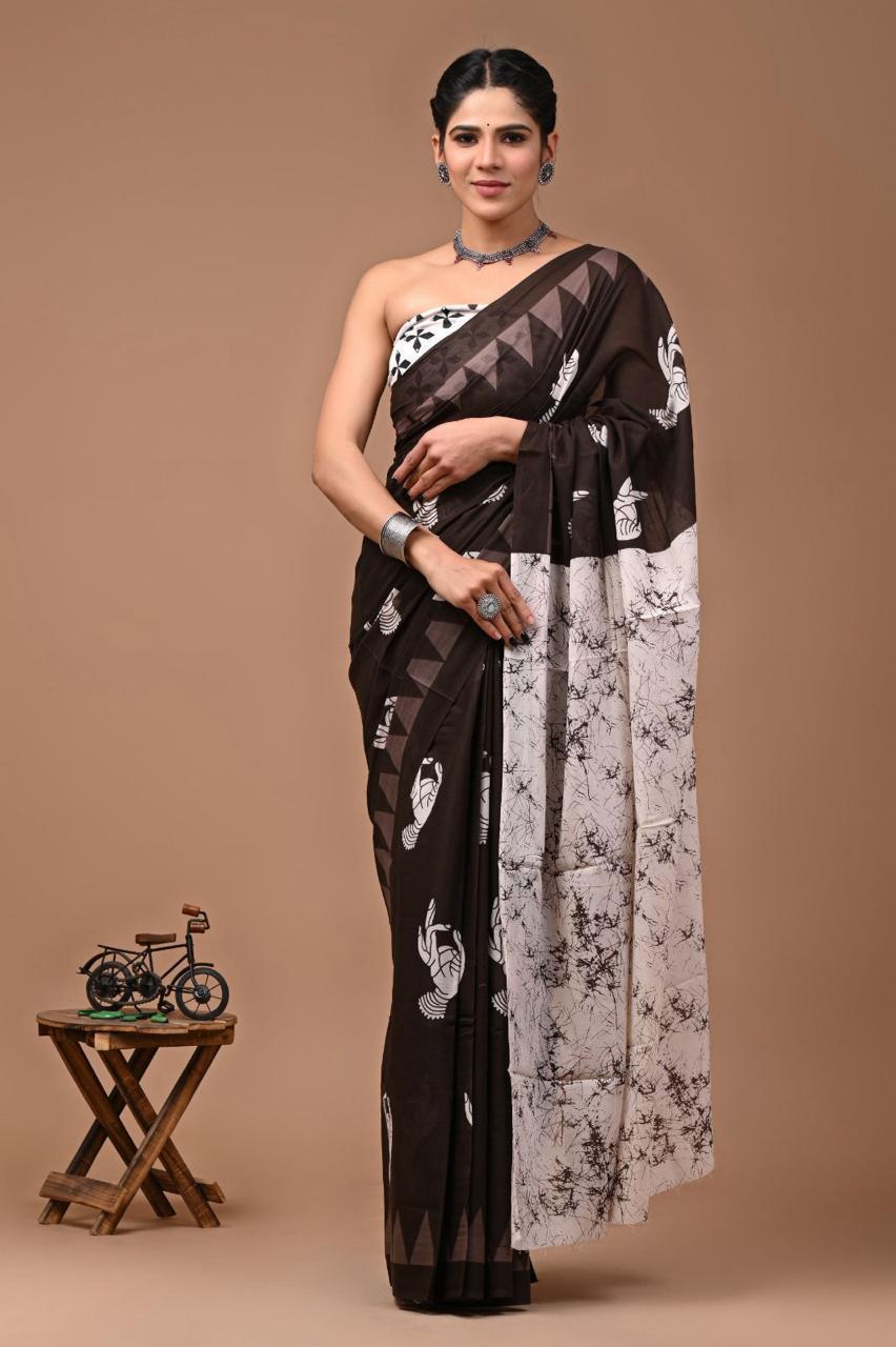Pure Mulmul Cotton hand block Print Saree with Blouse