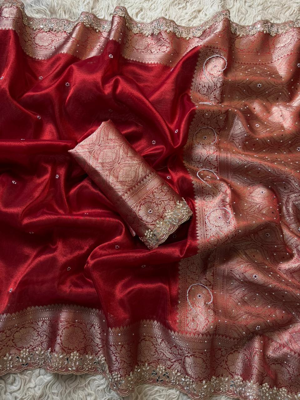 Banarasi Tissue Silk Saree With beautiful borders with beads work