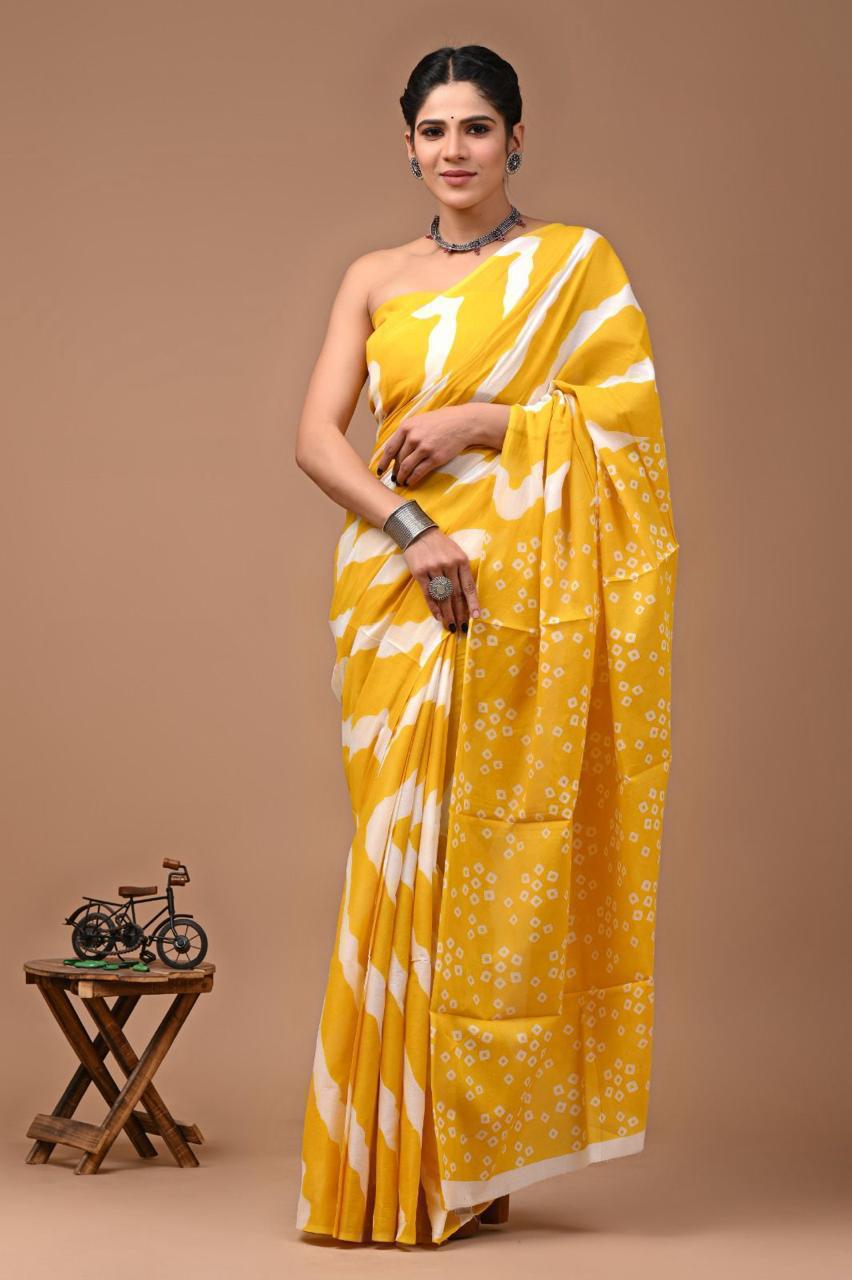 Pure Mulmul Cotton hand block Print Saree with Blouse