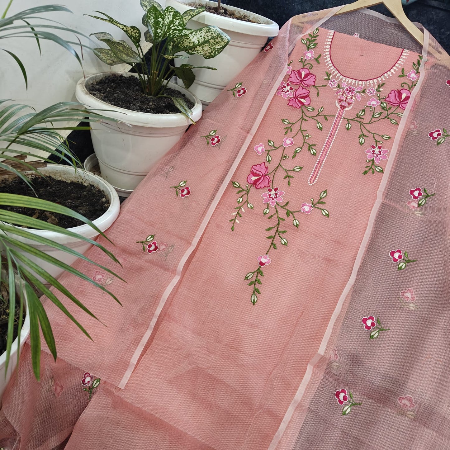 Kota Doria Embroidery work Unstitched Suit