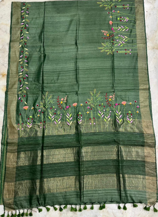 Pure Desi Tussar By Tussar Silk Embroidery Work Saree With Running Blouse.