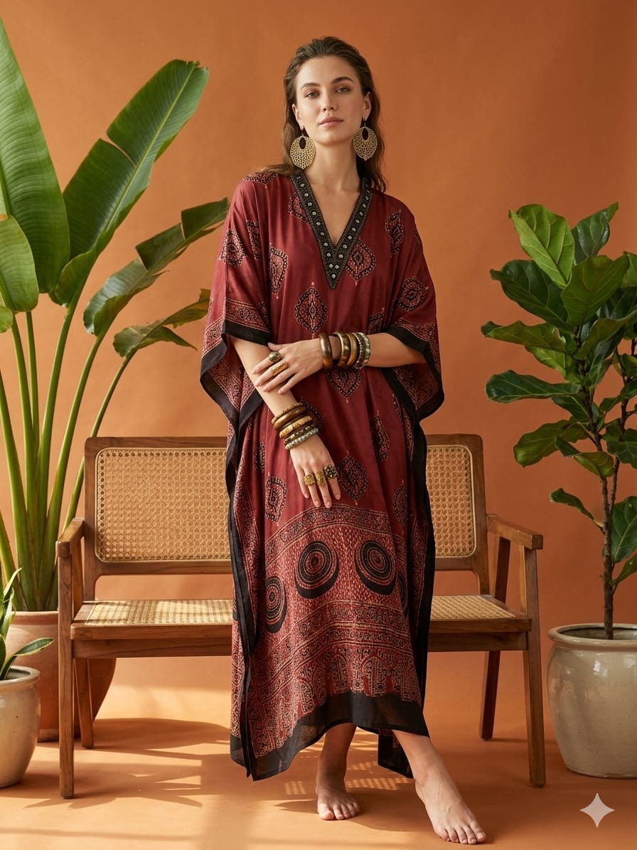 Pure Modal Silk Hand block Printed Kaftans Stitched suit With Hand Mirror Work