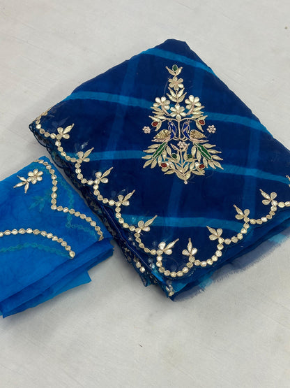 Desinger Organza  Leheriya   Pattern Gota  Patti Work Saree With Contrast Blouse