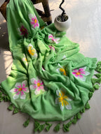 Beautiful Mulmul   Cotton Flowers design Hand Painted Saree