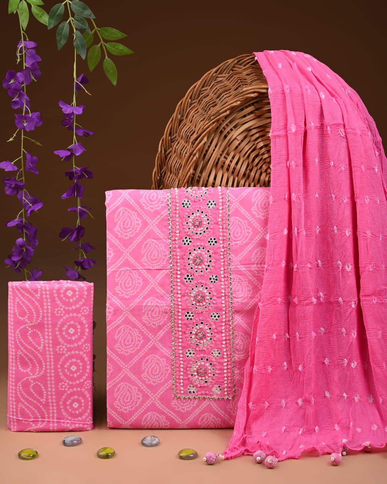 Designer gota patti hand work cotton  unstitched suit with chiffon   dupatta