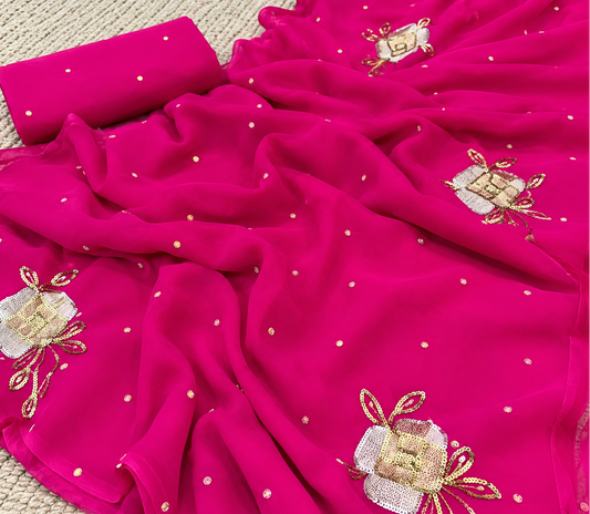 Beautiful Pure Jaipuri Chiffon 13 big  motif work Saree with blouse