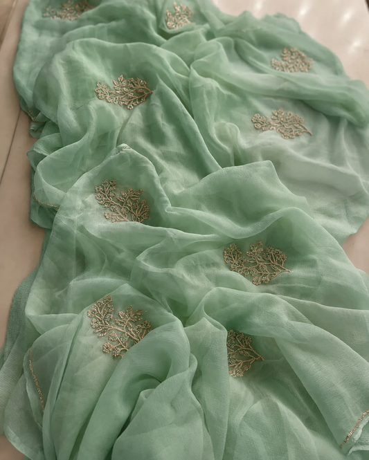 Beautiful Pure Jaipuri Chiffon 13 big  motif work Saree with blouse