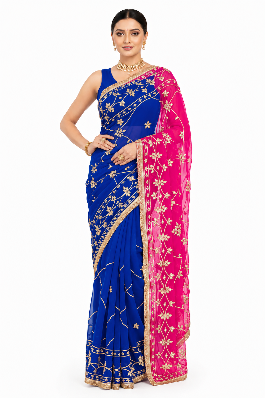 Pure Diamond Chiffon Gota Patti  Work Saree With Blouse