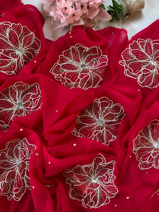 Premium Pure Chiffon Saree with Heavy Floral Embroidery