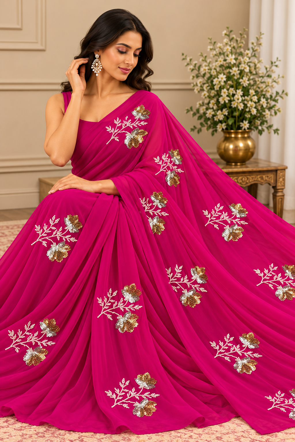 Elegant Pure Diamond Chiffon Party Wear Saree with Blouse