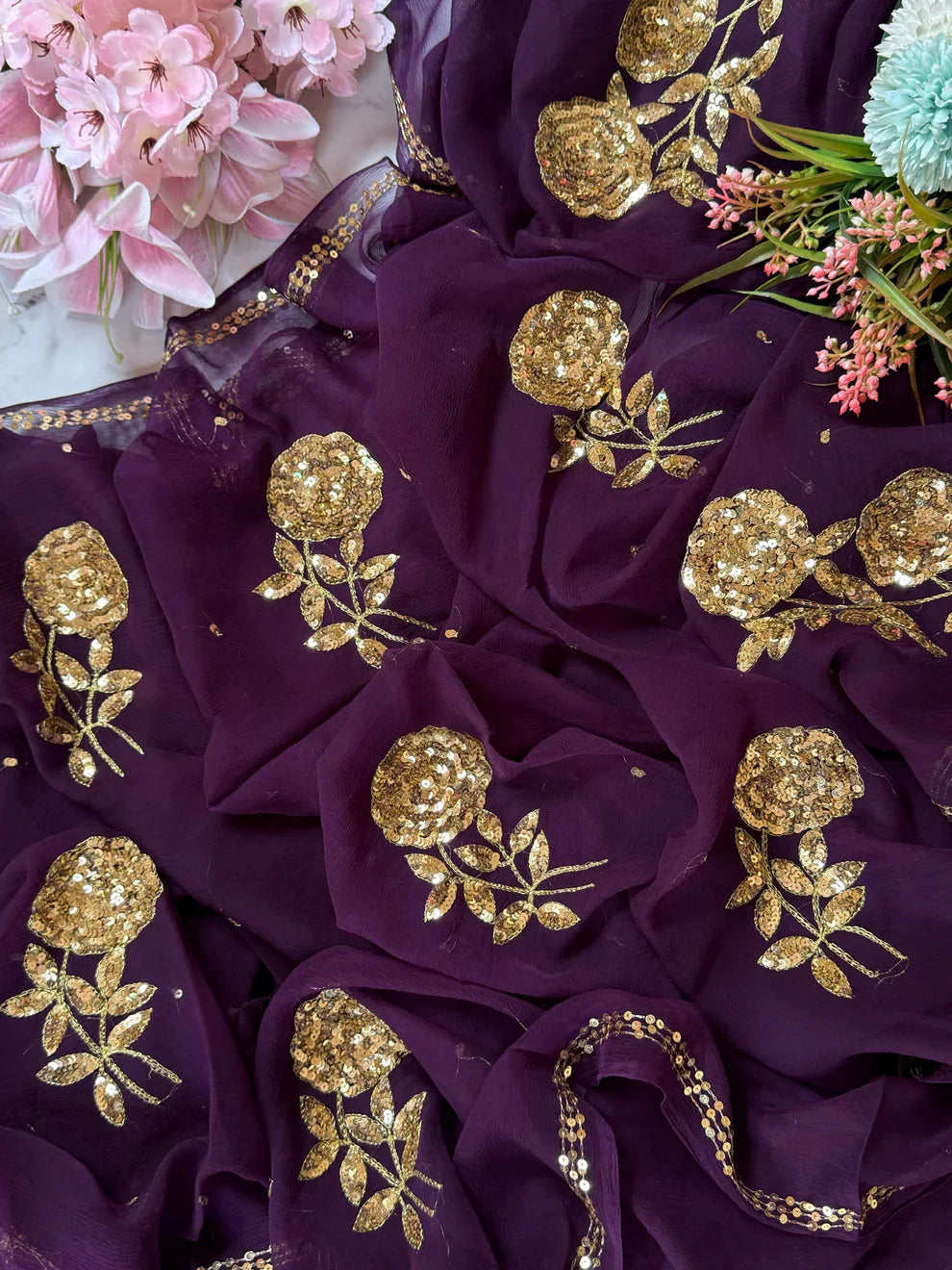 Pure Diamond Chiffon Saree With  Blouse