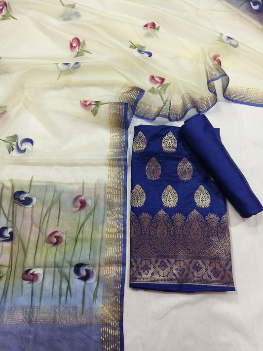 Banarasi Katan silk Unstitched Suit with organza hand brush dupatta