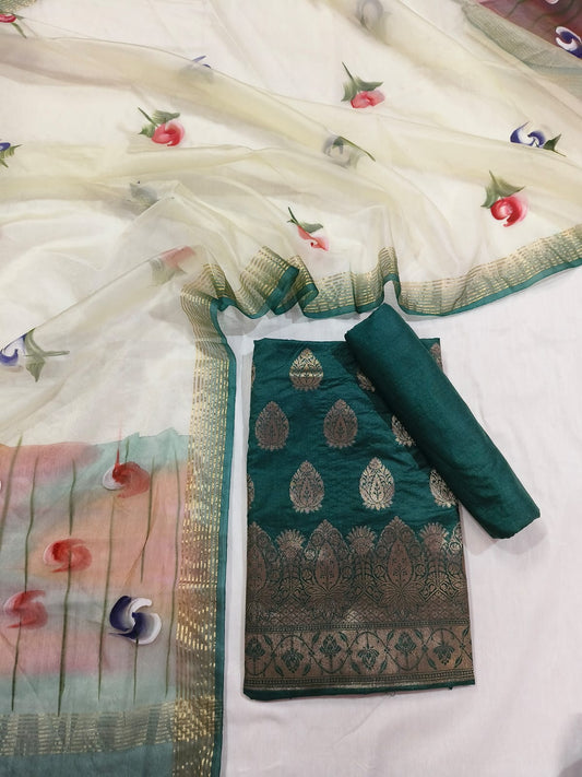 Banarasi Katan silk Unstitched Suit with organza hand brush dupatta